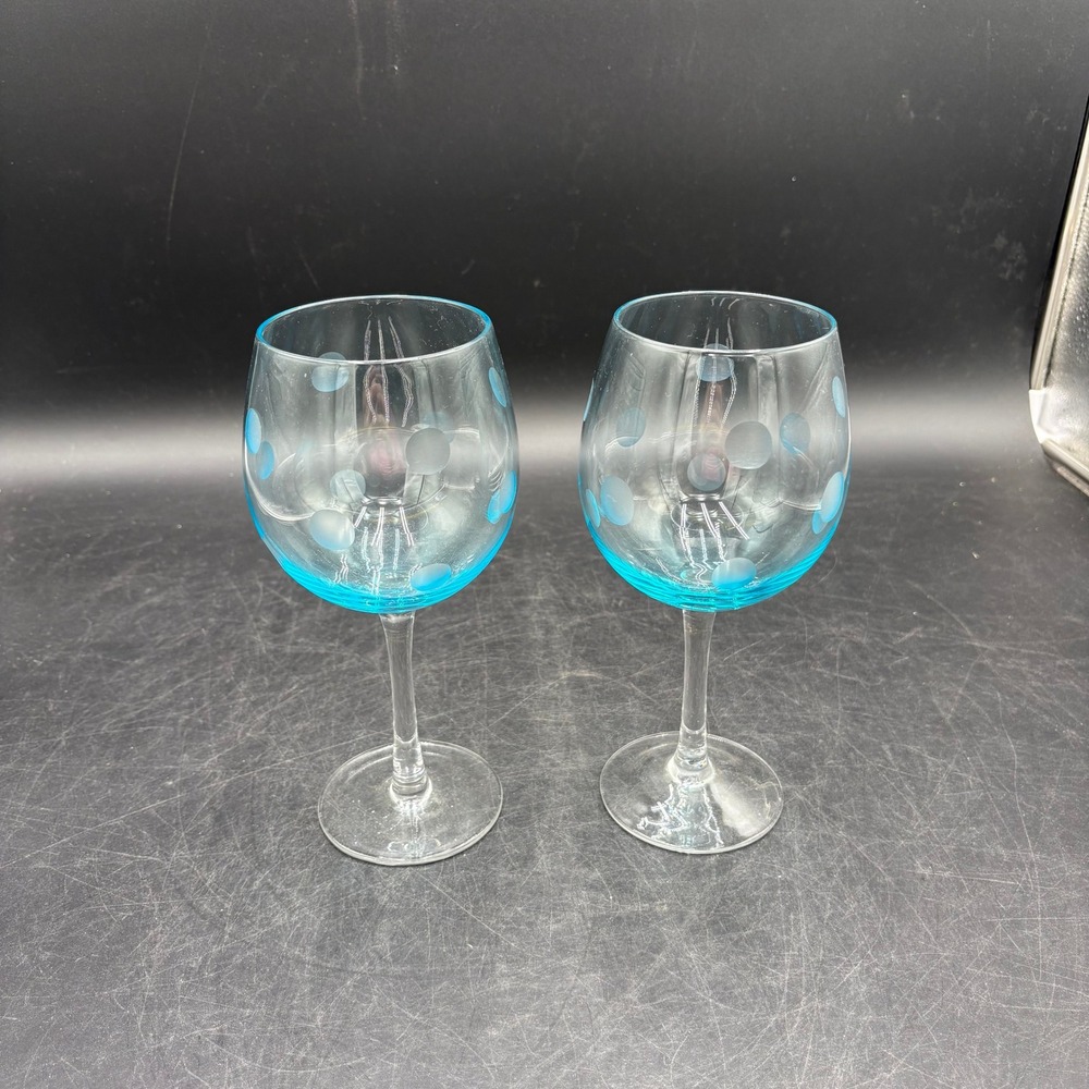 Vintage Turquoise Blue Ombre Polka Dot Wine Glasses Set of 2 Etched Balloon Stem